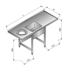 Stůl s jednokomorovým dřezem a otvorem na odpadky vlevo, 1800x700x900 mm | LOZAMET, LO350/L