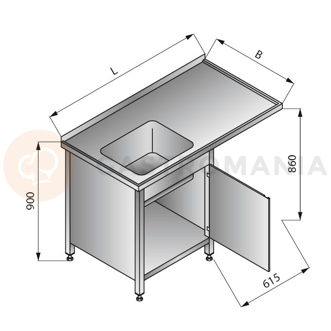 Stół zlewozmywakowy jednozbiornikowy z szafką lewy, 1300x700x900 mm | LOZAMET, LO343/L