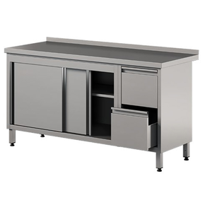 Stół przyścienny ze stali nierdzewnej z 2 szufladami i szafką, drzwi suwane 1600x600x850 mm | ASBER, WM-166-PL-2SD-2DR