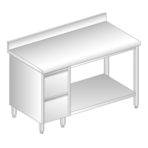 Stół przyścienny ze stali nierdzewnej z 2 szufladami, półką, rantem puszkowym i kapinosem 2300x700x850 mm | DORA METAL, DM-S-3114