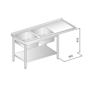 Stůl nástěnný z nerezové oceli s místem na myčku, 2 dřezy a poličkou 2200x600x850 mm | DORA METAL, DM-3273