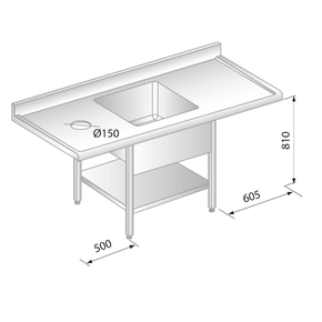 Stůl nástěnný z nerezové oceli s místem na myčku, otvorem pro odpad, dřezem, poličkou, zadní lištou a okapovou lištou 1800x700x850 mm | DORA METAL, DM-S-3229