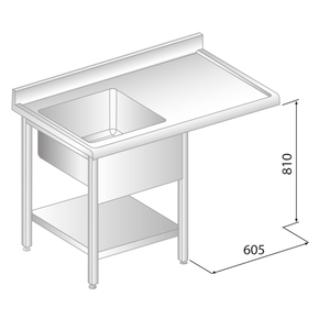 Stůl nástěnný z nerezové oceli s místem na myčku, dřezem, poličkou, zadní lištou a okapovou lištou 1200x700x850 mm | DORA METAL, DM-S-3272