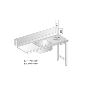 Stůl pro nakládání do myčky nádobí z nerezové oceli s otvorem na odpad a dřezem 1500x760x850 mm | DORA METAL, DM-3268