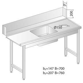 Stůl pro nakládání do myčky nádobí z nerezové oceli s otvorem na odpad a dřezem 1600x760x850 mm | DORA METAL, DM-3257