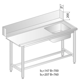 Stůl pro nakládání do myčky nádobí z nerezové oceli s dřezem 1400x700x850 mm | DORA METAL, DM-3247