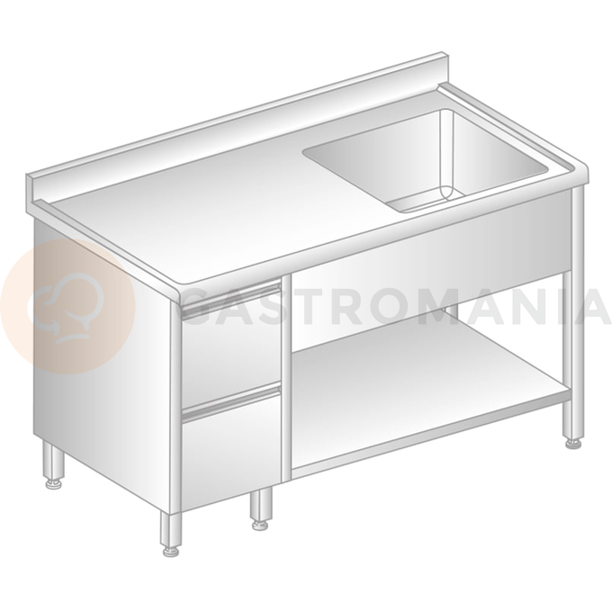 Stół przyścienny ze stali nierdzewnej ze zlewem, 2 szufladami, półką, rantem puszkowym i kapinosem 1900x700x850 mm | DORA METAL, DM-S-3203